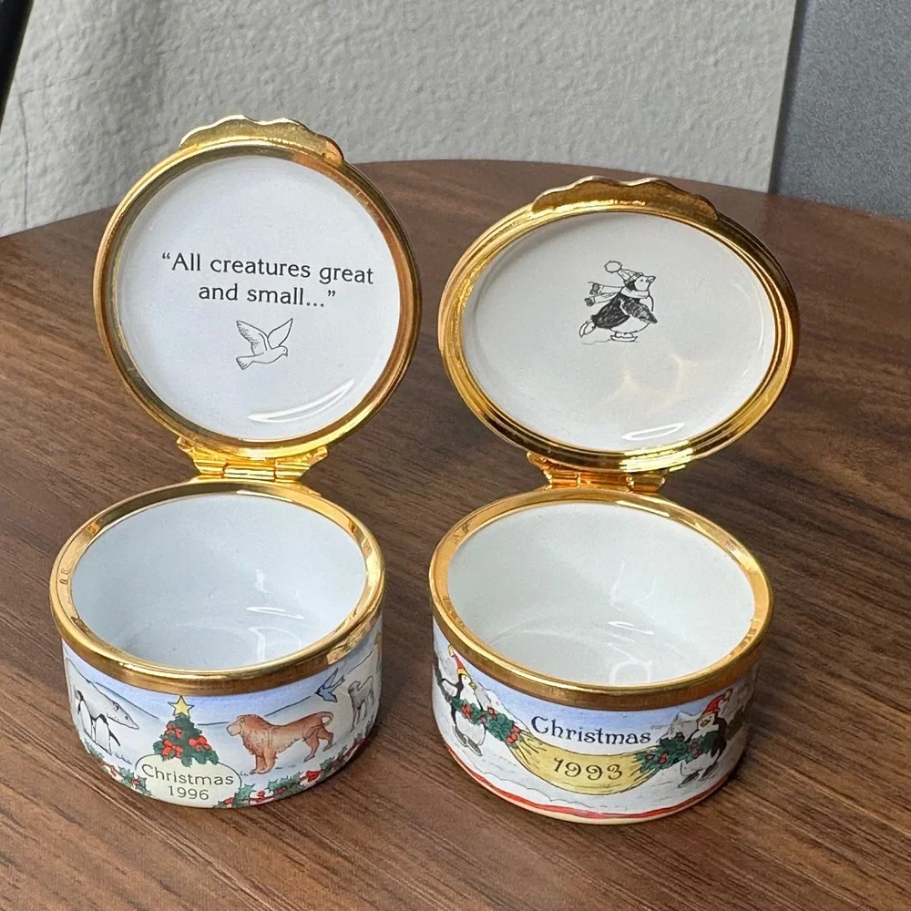 Halcyon Days Enamels Neiman Marcus Christmas Trinket Boxes 1993 1996 Set of 2